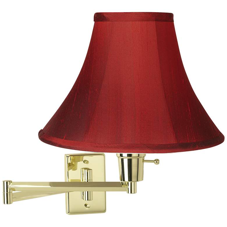 Image 1 Brass with Red Silk Shade Plug-In Swing Arm Wall Lamp
