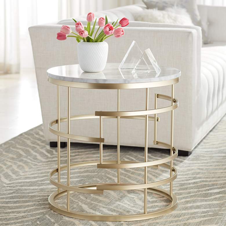 Image 1 Brassica 24" Wide Faux Marble and Gold Modern End Table