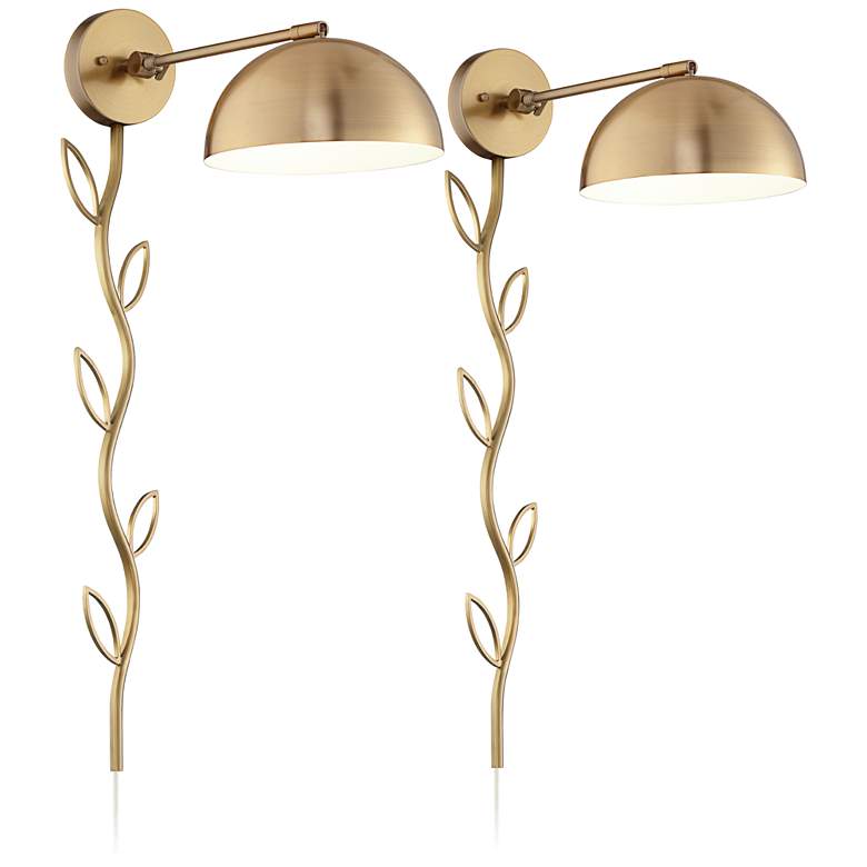 Image 1 Brava Antique Brass Down-Light Plug-In Wall Lamps Set of 2 with Cord Covers