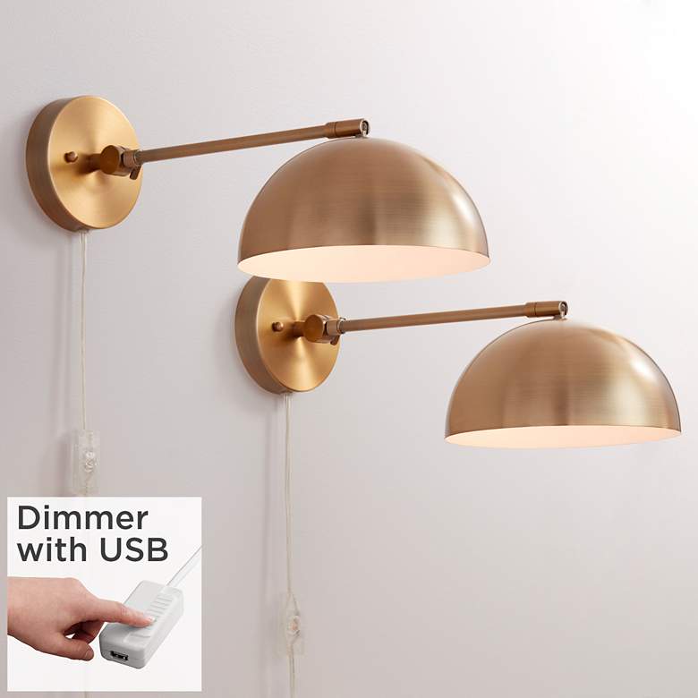Image 1 Brava Antique Brass Down-Light Plug-In Wall Lamps Set of 2 with USB Dimmers