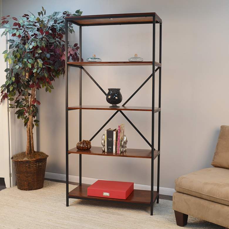 Brayden 72 inch High 4-Shelf Black Steel Chestnut Wood Bookcase more views