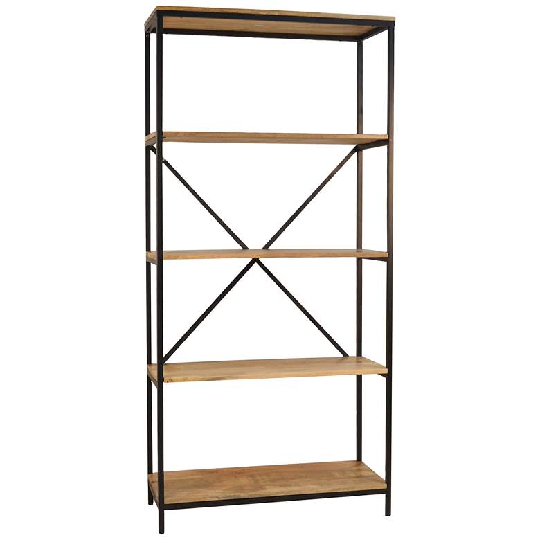 Image 1 Brayden 72"H Black Steel and Natural Wood 4-Shelf Bookcase