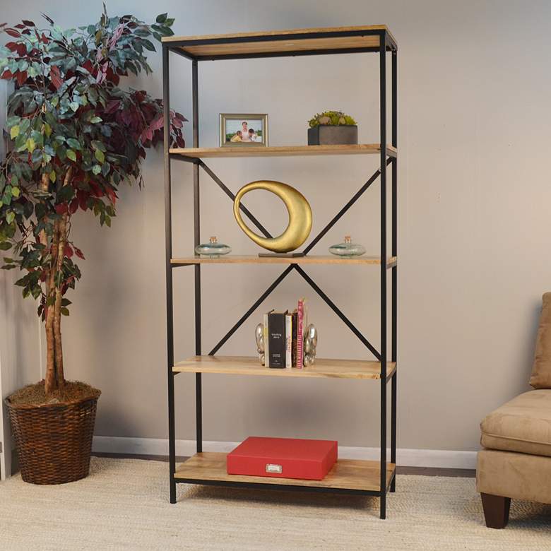Image 3 Brayden 72 inchH Black Steel and Natural Wood 4-Shelf Bookcase more views