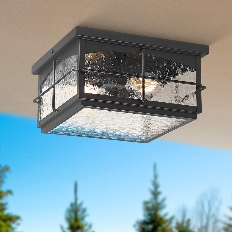 Image 1 Braylon 12" Wide Black and Hammered Glass Outdoor Ceiling Light