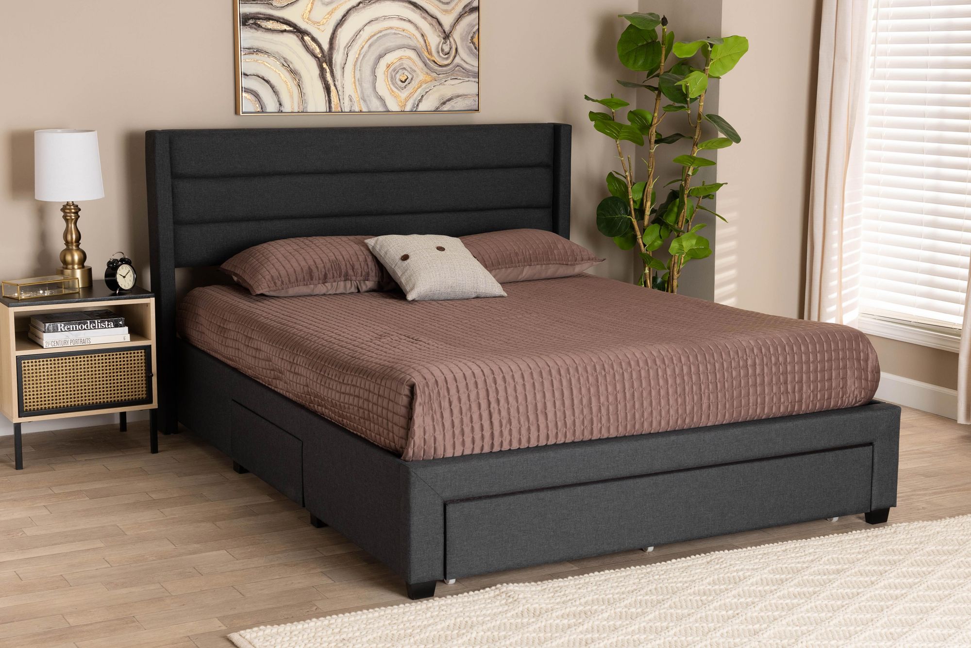 Braylon Charcoal Gray Fabric Full Size 3-Drawer Platform Bed