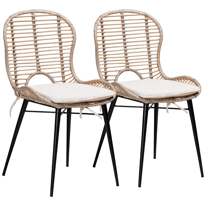 Image 2 Brenna Gray-Washed Rattan Black Metal Dining Chairs Set of 2