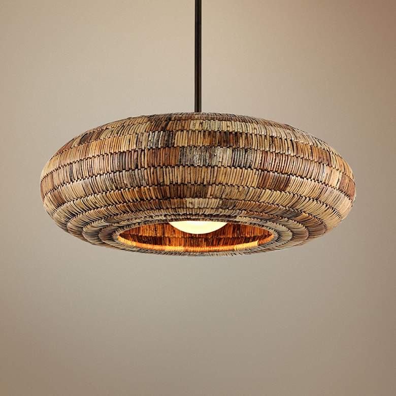 Image 1 Breuer 32"W Bronze Pendant Light with Natural Malacca Shade