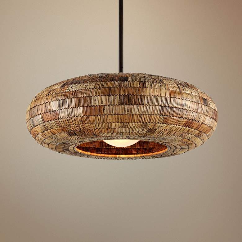 Image 1 Breuer 39 3/4"W Bronze Pendant with Natural Malacca Shade