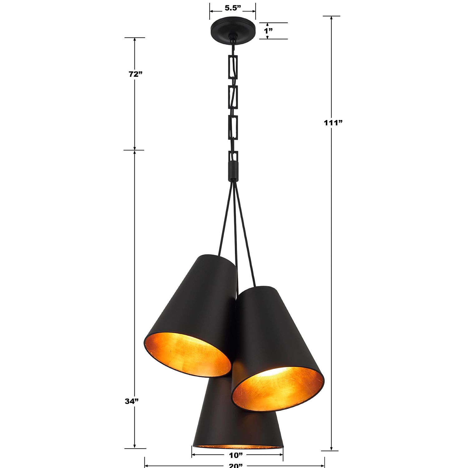 Brian Patrick Flynn Alston 3 Light Matte Black + Antique Gold Pendant