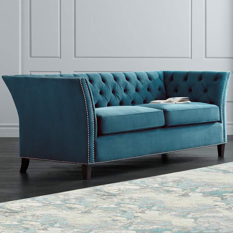 Image 1 Brianna 88 1/2 inch Wide Teal Blue Tufted Velvet Sofa