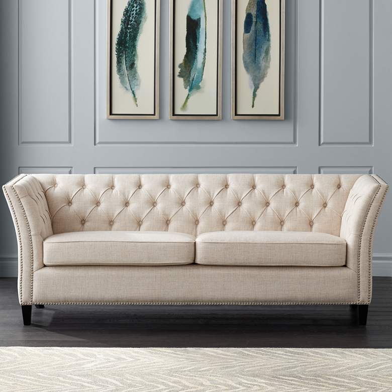 Image 1 Brianna 88 1/2 inch Wide Tufted Oatmeal Linen Upholstered Sofa