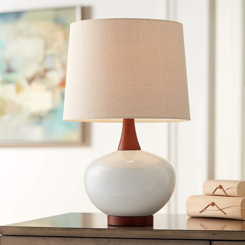 Brice Ivory and Wood Mid-Century Ceramic Table Lamp by 360 Lighting