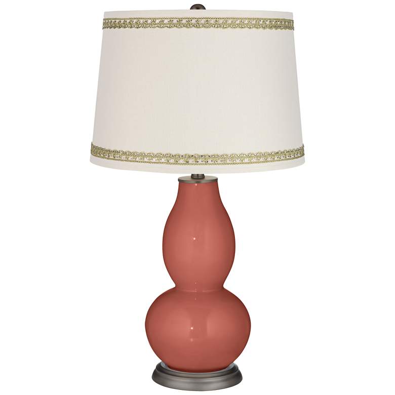 Image 1 Brick Paver Double Gourd Table Lamp with Rhinestone Lace Trim