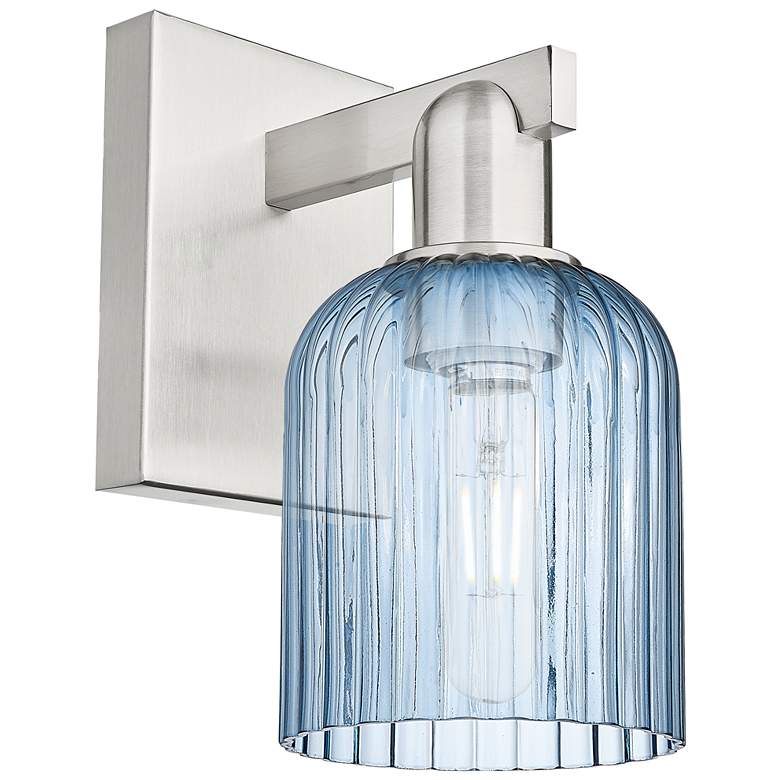 Image 1 Bridal Veil 10.75"H Brushed Satin Nickel Wall Sconce With Blue Shade
