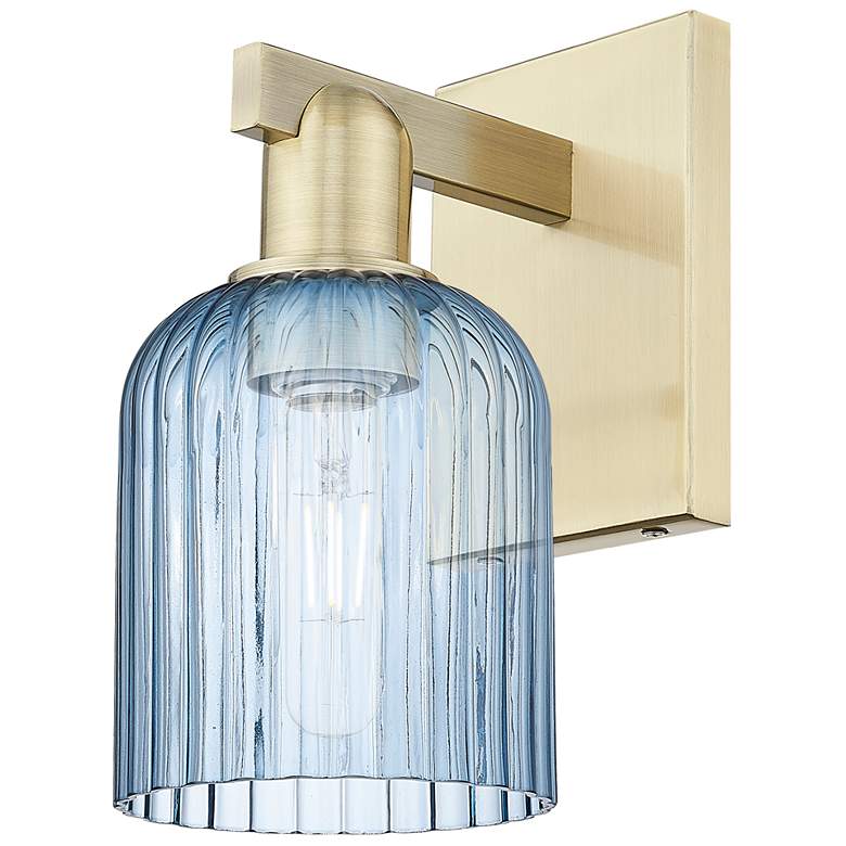 Image 1 Bridal Veil 10.75" High Antique Brass Wall Sconce With Blue Shade