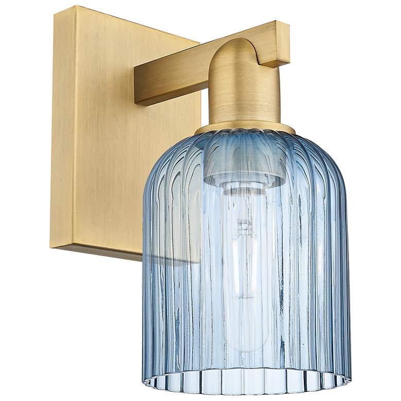 Image 1 Bridal Veil 10.75" High Brushed Brass Wall Sconce With Blue Shade