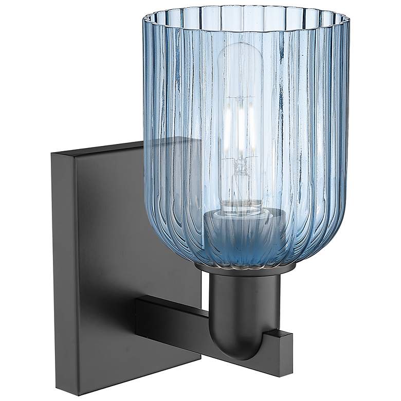Image 2 Bridal Veil 10.75" High Matte Black Wall Sconce With Blue Shade more views