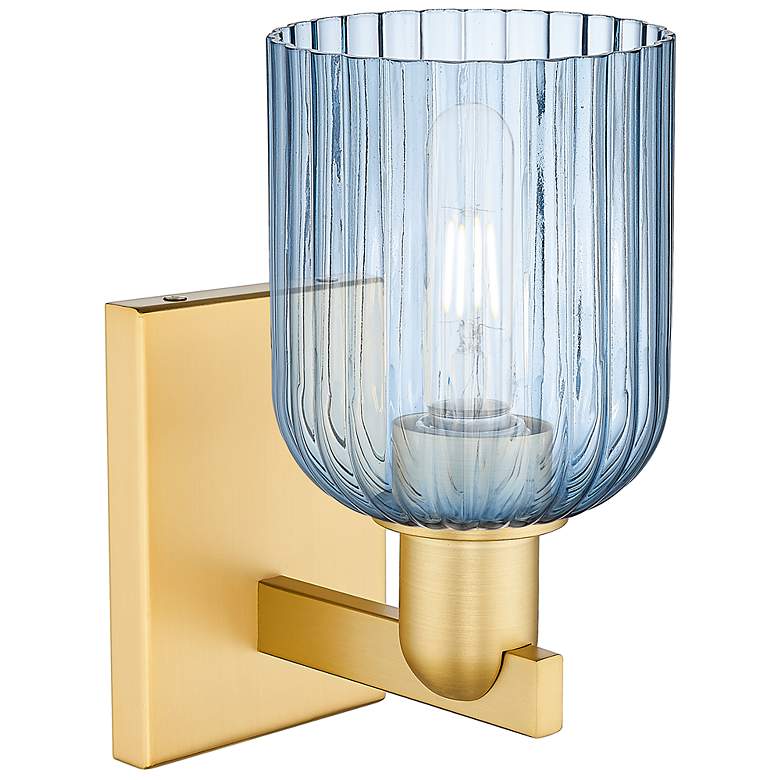 Image 2 Bridal Veil 10.75" High Satin Gold Wall Sconce With Blue Shade more views