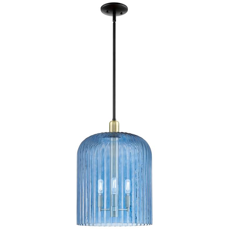 Image 1 Bridal Veil 12"W 3 Light Black Brass Stem Mini Pendant With Blue Shade