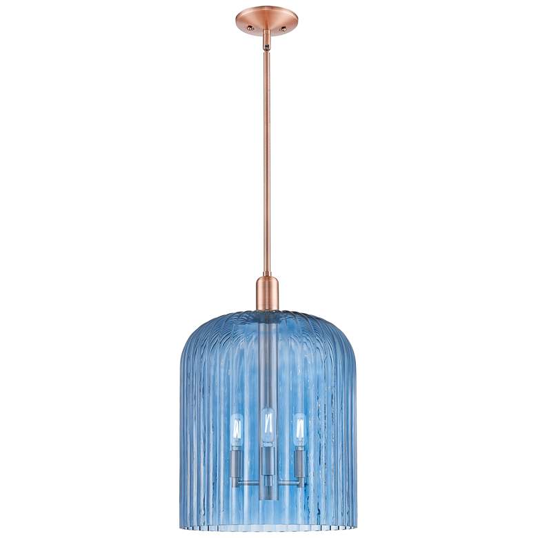 Image 1 Bridal Veil 12"W 3 Light Copper Stem Mini Pendant With Blue Shade