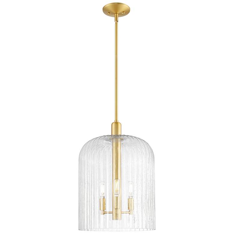 Image 1 Bridal Veil 12"W 3 Light Satin Gold Stem Mini Pendant With Seedy Shade