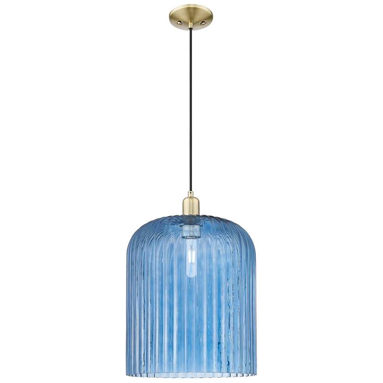Image 1 Bridal Veil 12"W Antique Brass Cord Hung Mini Pendant With Blue Shade