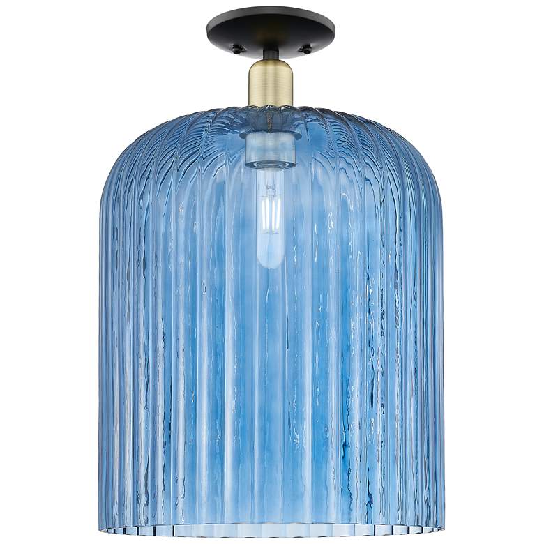 Image 1 Bridal Veil 12"W Black Antique Brass Semi-Flush Mount With Blue Shade