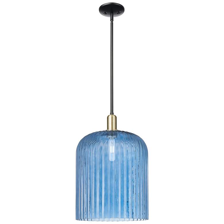 Image 1 Bridal Veil 12"W Black Antique Brass Stem Mini Pendant With Blue Shade