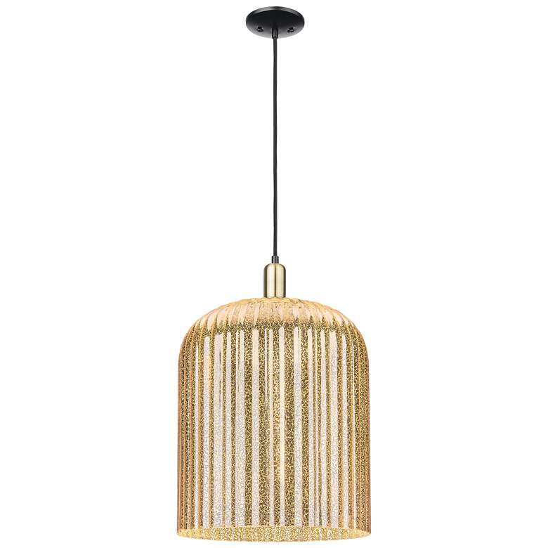 Image 1 Bridal Veil 12"W Black Brass Cord Mini Pendant With Mercury Shade