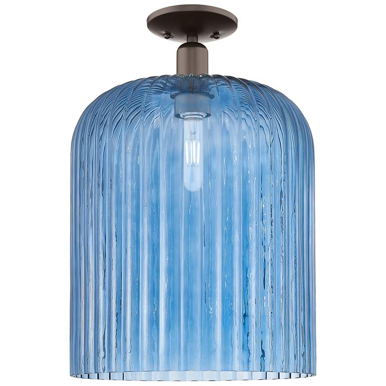 Image 1 Bridal Veil 12" Wide Oil Rubbed Bronze Semi-Flush Mount With Blue Shade