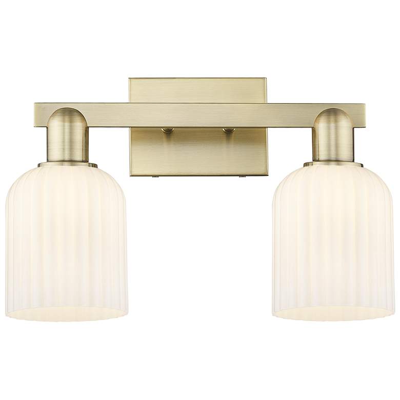 Image 1 Bridal Veil 16"W 2 Light Antique Brass Bath Light w/ Gloss White Shade