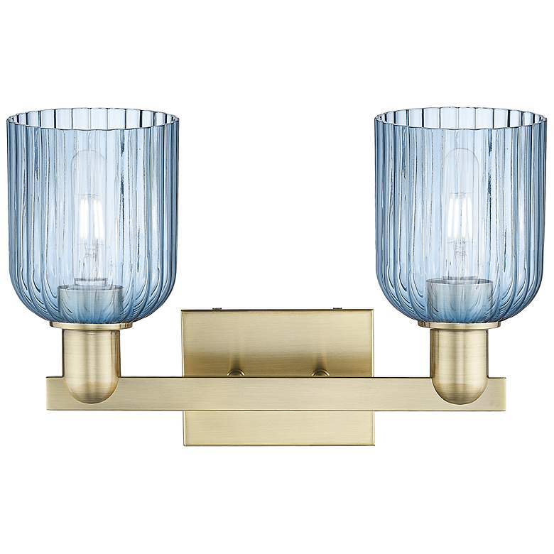 Image 2 Bridal Veil 16"W 2 Light Antique Brass Bath Light With Blue Shade more views