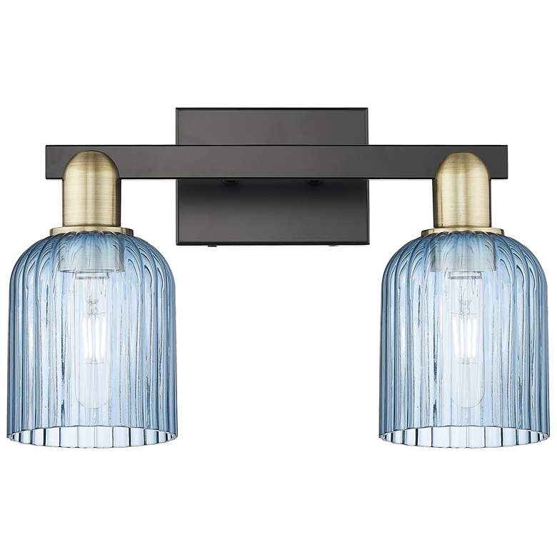 Image 1 Bridal Veil 16"W 2 Light Black Antique Brass Bath Light With Blue Shade