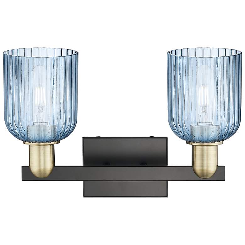 Image 2 Bridal Veil 16"W 2 Light Black Antique Brass Bath Light With Blue Shade more views