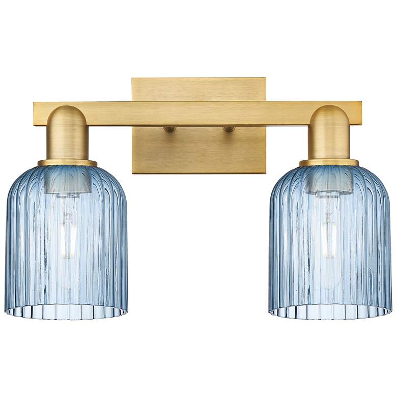 Image 1 Bridal Veil 16"W 2 Light Brushed Brass Bath Light With Blue Shade
