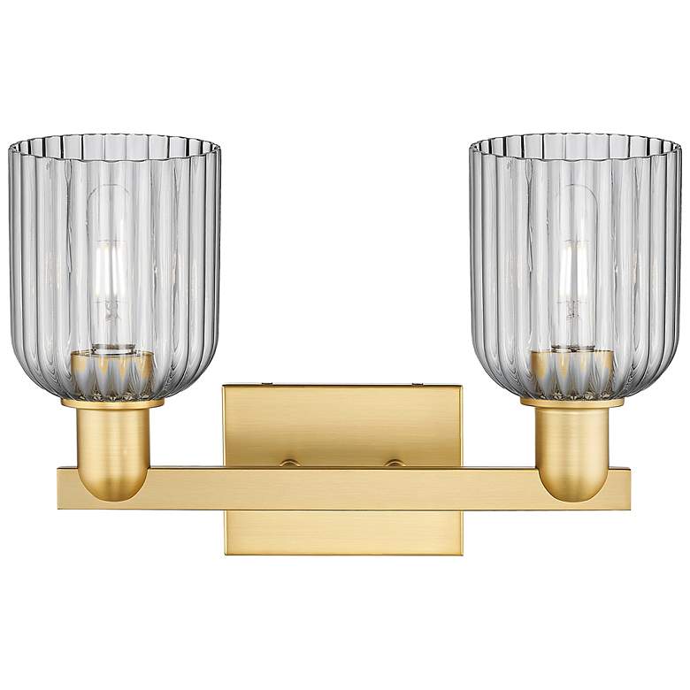 Image 2 Bridal Veil 16"W 2 Light Satin Gold Bath Light With Light Smoke Shade more views