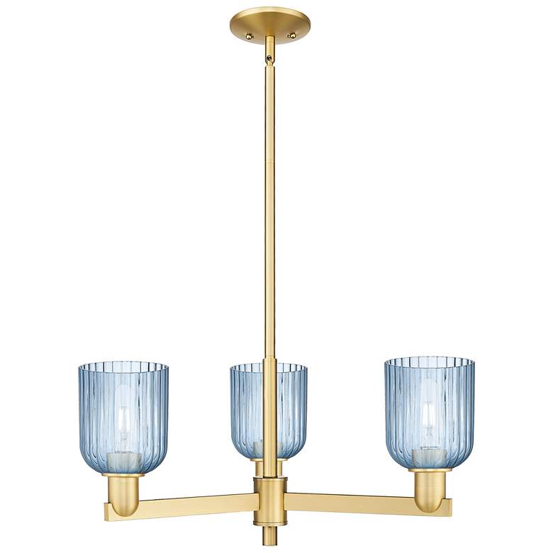 Image 1 Bridal Veil 18" Wide 3 Light Satin Gold Chandelier With Blue Shade