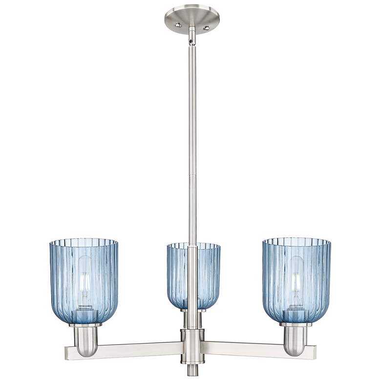 Image 1 Bridal Veil 18" Wide 3 Light Satin Nickel Chandelier With Blue Shade