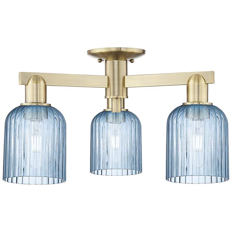 Image 1 Bridal Veil 23"W 3 Light Antique Brass Semi-Flush Mount With Blue Shade