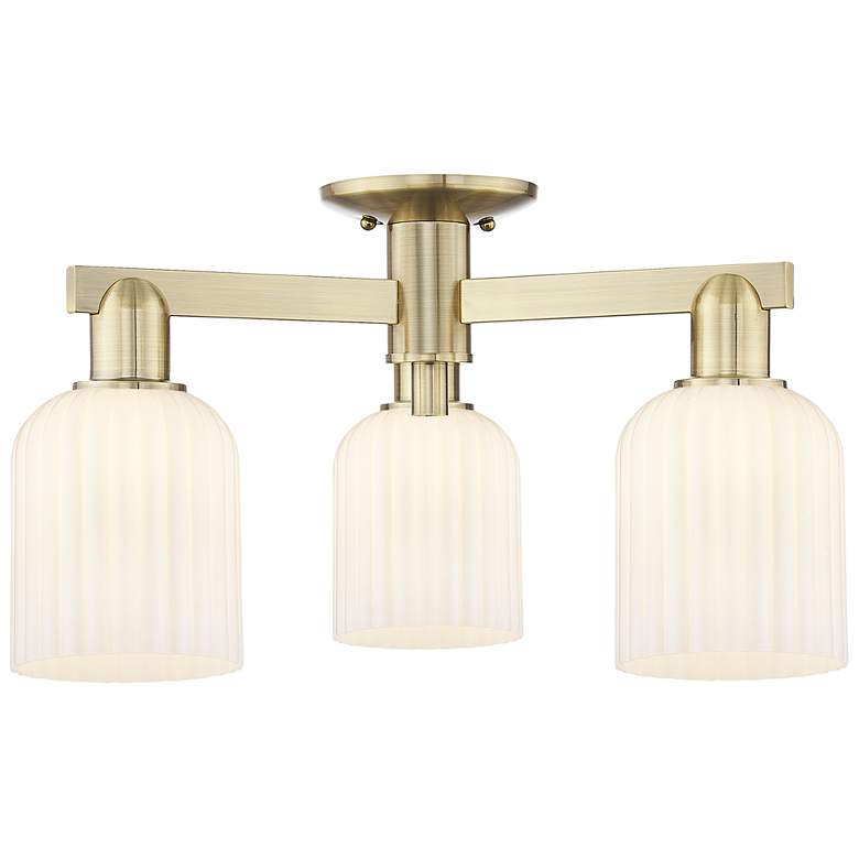 Image 1 Bridal Veil 23"W 3 Light Antique Brass Semi-Flush w/ Gloss White Shade