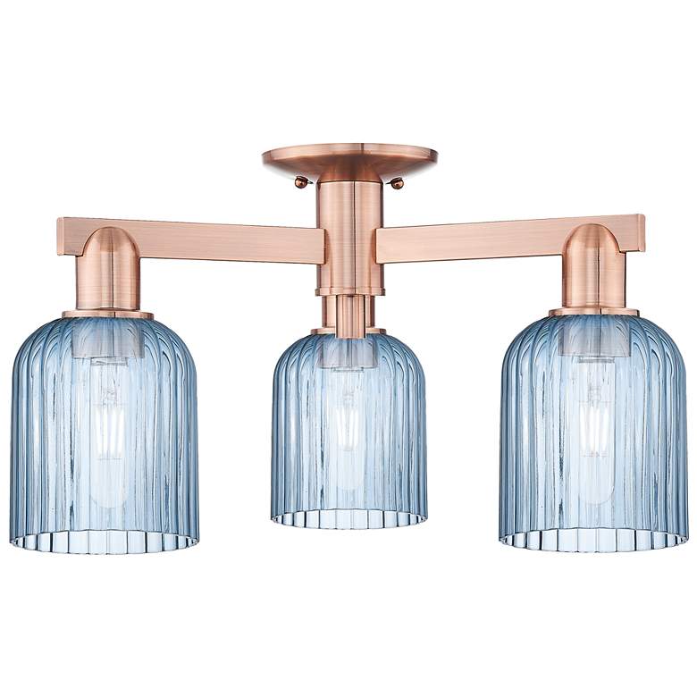 Image 1 Bridal Veil 23"W 3 Light Antique Copper Semi-Flush With Blue Shade