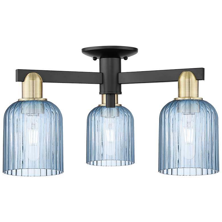 Image 1 Bridal Veil 23"W 3 Light Black Antique Brass Semi-Flush With Blue Shade