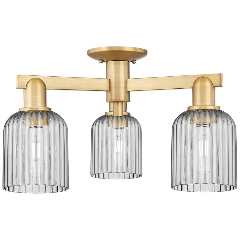 Image 1 Bridal Veil 23"W 3 Light Brushed Brass Semi-Flush w/ Light Smoke Shade