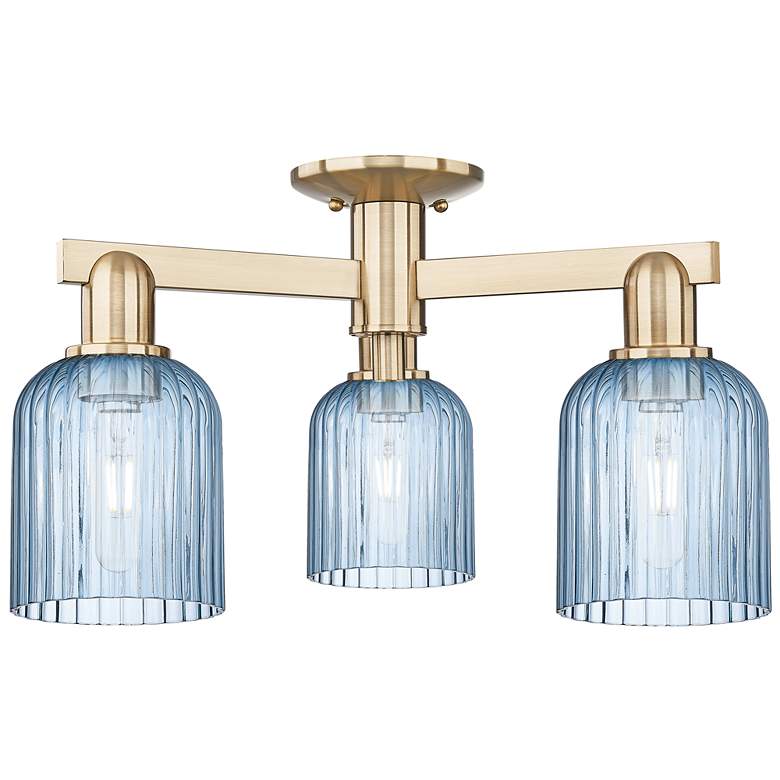 Image 1 Bridal Veil 23"W 3 Light Champagne Bronze Semi-Flush With Blue Shade