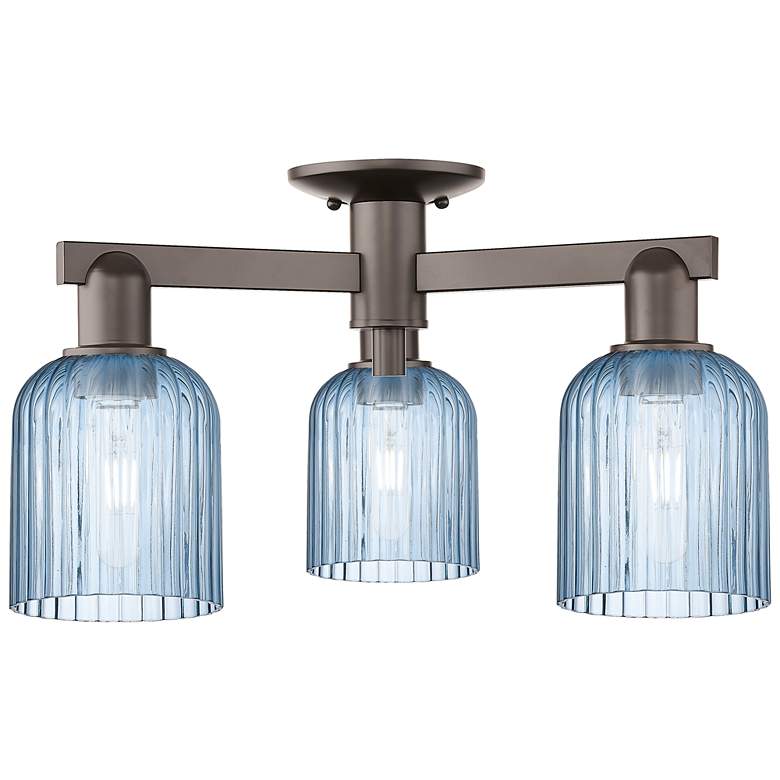 Image 1 Bridal Veil 23"W 3 Light Oil Rubbed Bronze Semi-Flush With Blue Shade