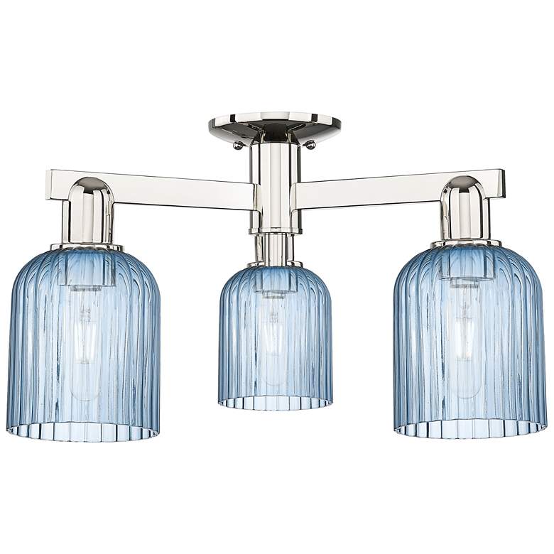 Image 1 Bridal Veil 23"W 3 Light Polished Nickel Semi-Flush With Blue Shade