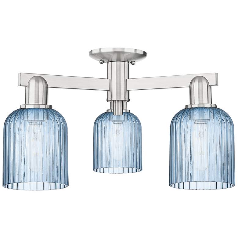 Image 1 Bridal Veil 23"W 3 Light Satin Nickel Semi-Flush w/ Blue Shade