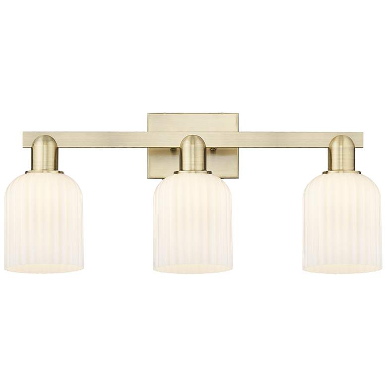 Image 1 Bridal Veil 24"W 3 Light Antique Brass Bath Light w/ Gloss White Shade