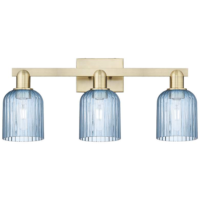Image 1 Bridal Veil 24"W 3 Light Antique Brass Bath Light With Blue Shade