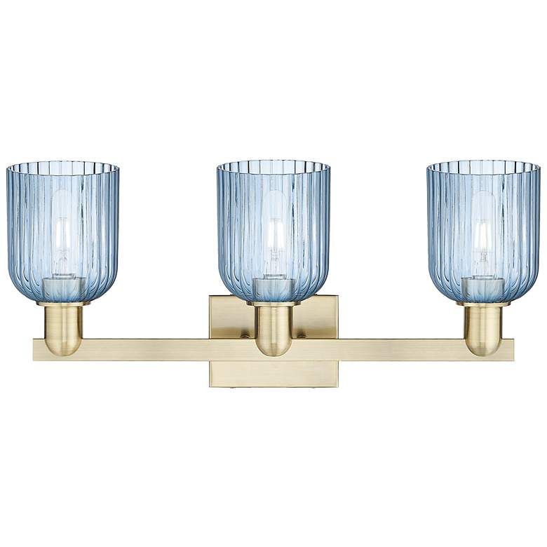 Image 2 Bridal Veil 24"W 3 Light Antique Brass Bath Light With Blue Shade more views